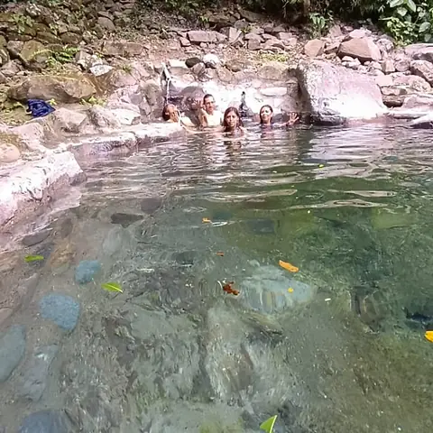 Poza de agua termal entre rocas y bosque