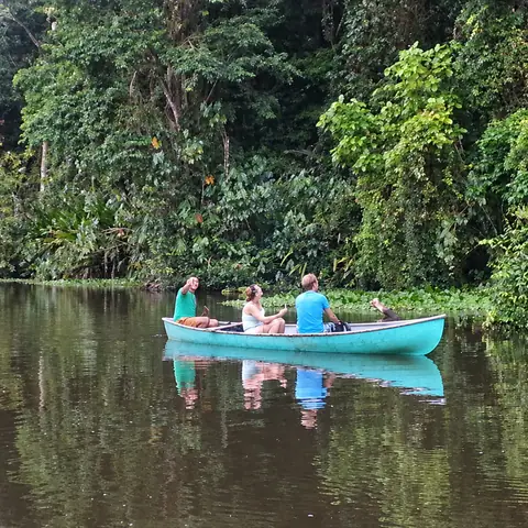Bote turquesa en un canal rodeado de selva