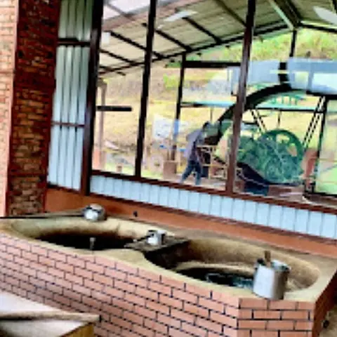 Pailas de ladrillo del trapiche, con la rueda verde de la molienda al fondo